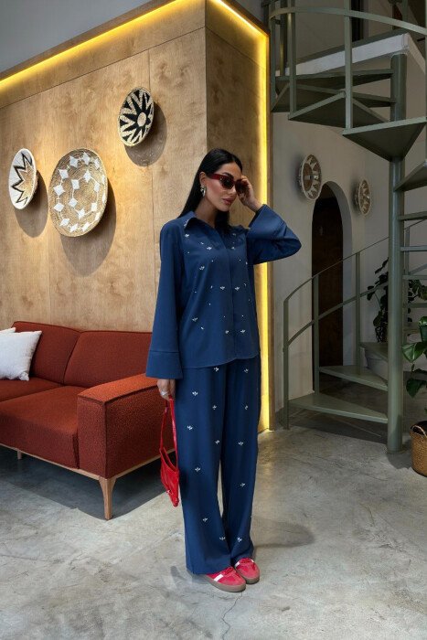 ONE COLOR STONE DETAILS SHIRT+TROUSERS WOMEN SET BLUE/BLU - 4