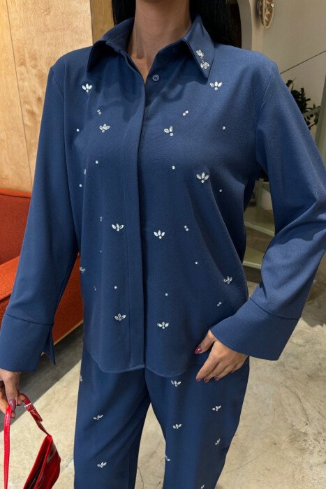 ONE COLOR STONE DETAILS SHIRT+TROUSERS WOMEN SET BLUE/BLU - 6