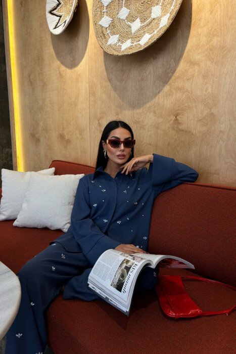 ONE COLOR STONE DETAILS SHIRT+TROUSERS WOMEN SET BLUE/BLU - 8