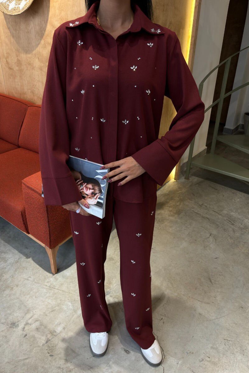 ONE COLOR STONE DETAILS SHIRT+TROUSERS WOMEN SET BURGUNDY/VISHNJE - 6