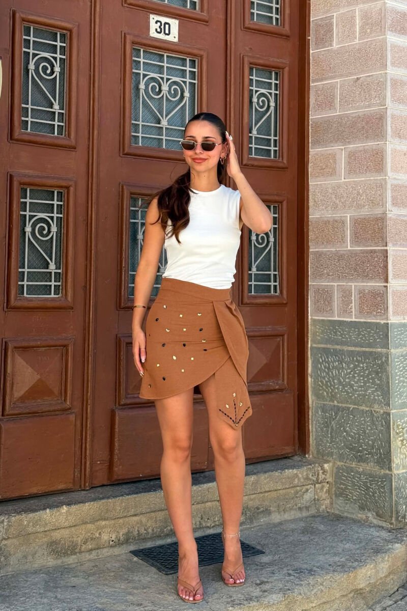 ONE COLOR STONE DETAILS WOMAN SKIRT BROWN/KAFE - 2