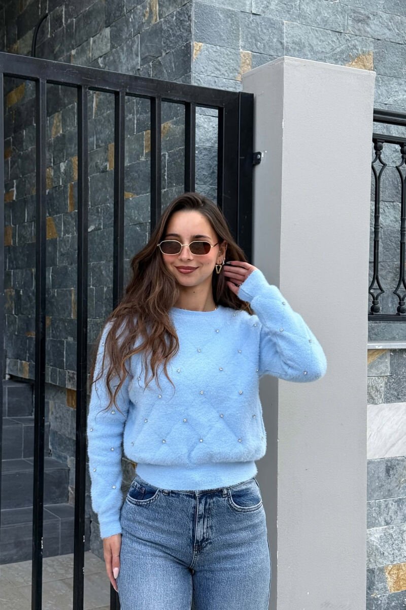 ONE COLOR STONES DETAIL WOMAN SWEATER LIGHTBLUE/BZ - 1