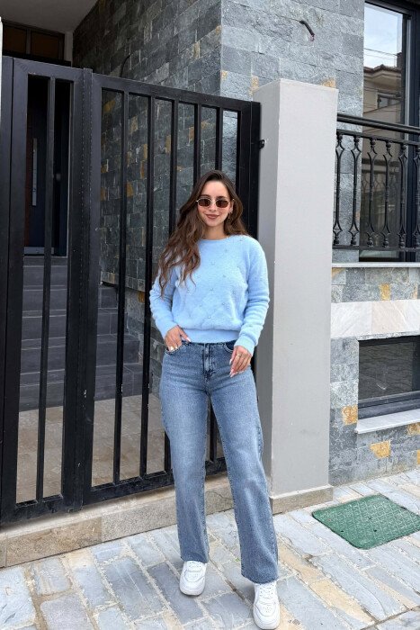 ONE COLOR STONES DETAIL WOMAN SWEATER LIGHTBLUE/BZ - 5