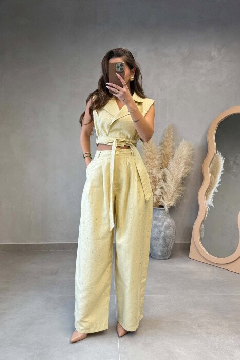 ONE COLOR STONES DETAILS VEST + BELTED TROUSERS WOMAN SET BEIGE/BEZHE - 