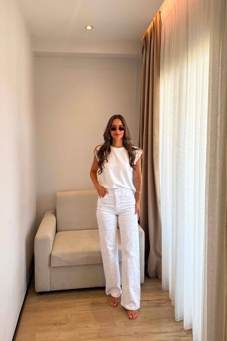 ONE COLOR STONES DETAILS WOMAN JEANS WHITE-E BARDHE - KLAUDIO FASHION