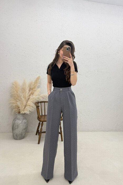 ONE COLOR STONES DETAILS WOMAN TROUSERS DARK GREY/GEE 