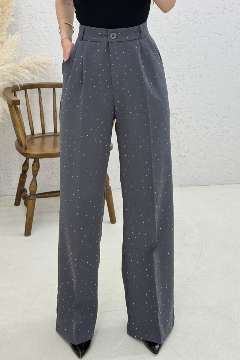 ONE COLOR STONES DETAILS WOMAN TROUSERS DARK GREY/GEE - 3