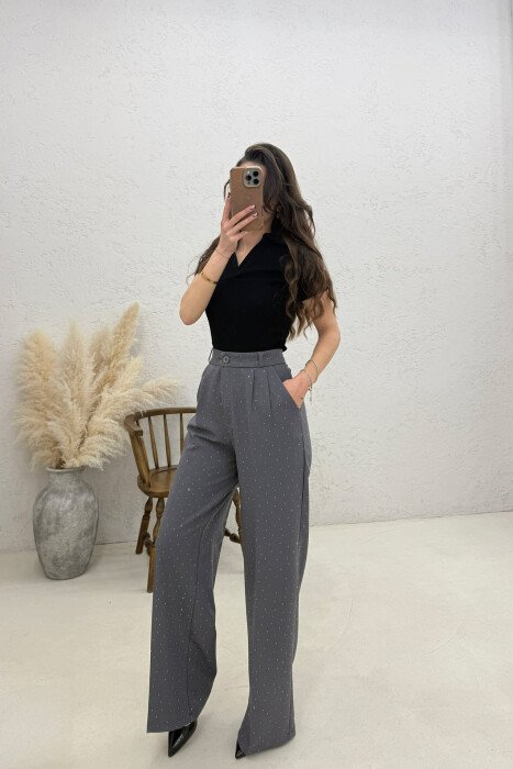 ONE COLOR STONES DETAILS WOMAN TROUSERS DARK GREY/GEE - 4
