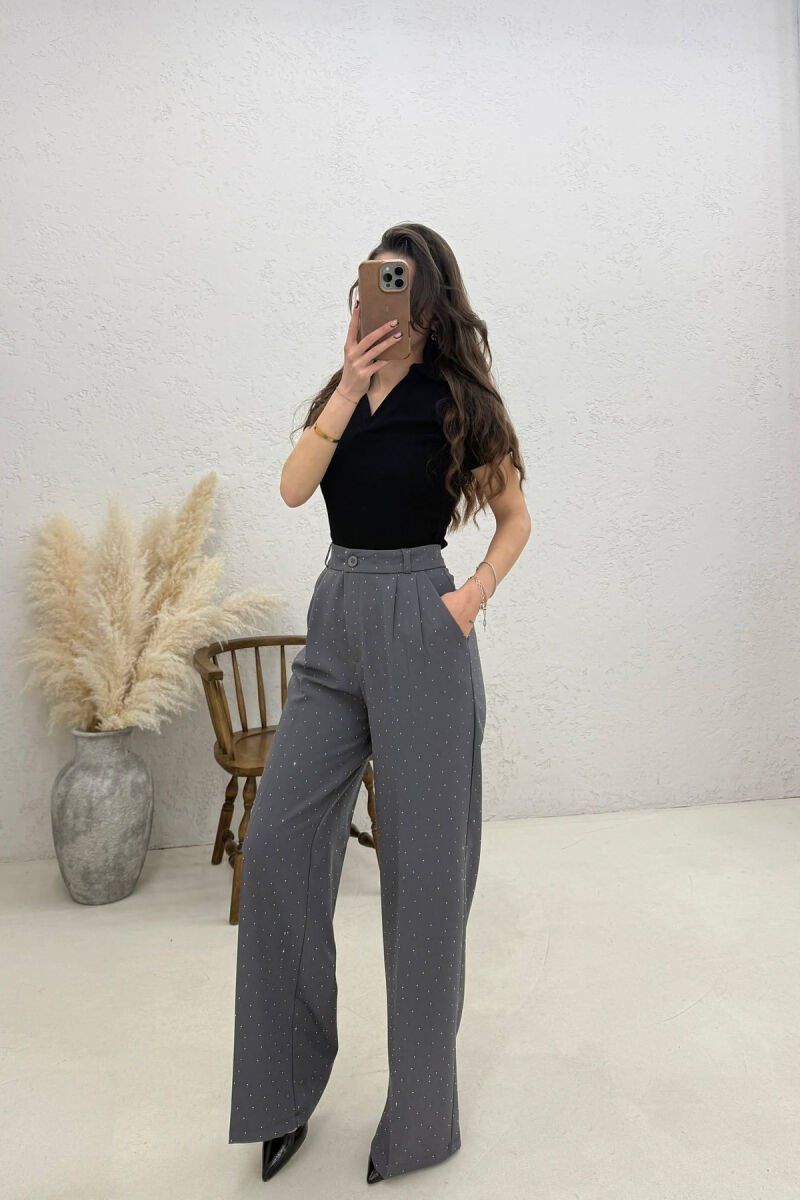 ONE COLOR STONES DETAILS WOMAN TROUSERS DARK GREY/GEE - 4