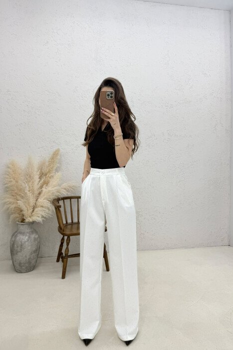 ONE COLOR STONES DETAILS WOMAN TROUSERS WHITE-E BARDHE - KLAUDIO FASHION