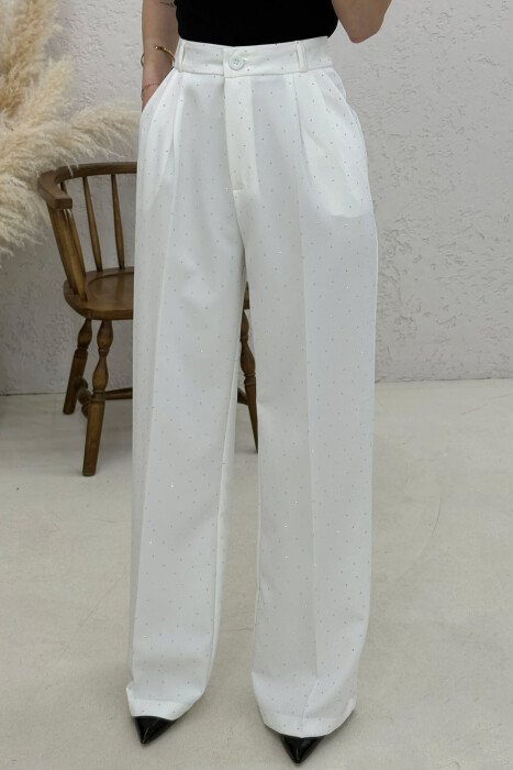 ONE COLOR STONES DETAILS WOMAN TROUSERS WHITE-E BARDHE - 4