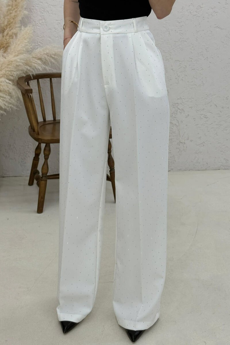 ONE COLOR STONES DETAILS WOMAN TROUSERS WHITE-E BARDHE - 4