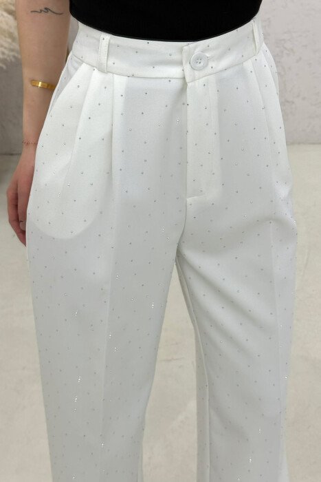 ONE COLOR STONES DETAILS WOMAN TROUSERS WHITE-E BARDHE - 5