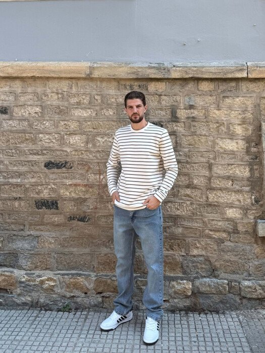 ONE COLOR STRIPE DESIGN MEN SWEATSHIRT WHITE-BROWN/BAKA - 1