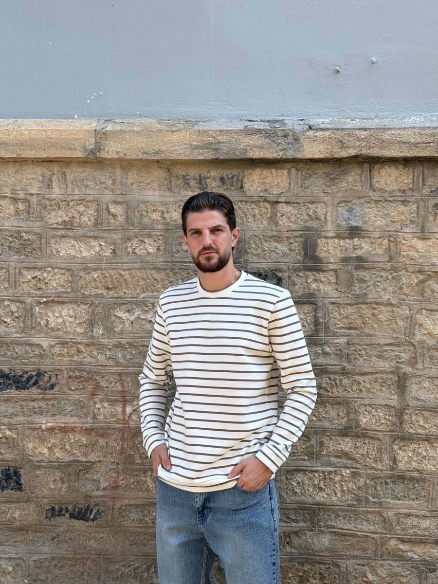 ONE COLOR STRIPE DESIGN MEN SWEATSHIRT WHITE-BROWN/BAKA - 3