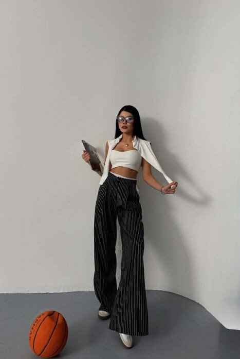 ONE COLOR STRIPE DESIGN WIDE LEG WOMEN TROUSERS BLACK/ E ZEZE - KLAUDIO FASHION