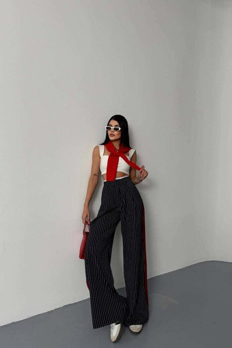 ONE COLOR STRIPE DESIGN WIDE LEG WOMEN TROUSERS DARK BLUE/BEE - 2