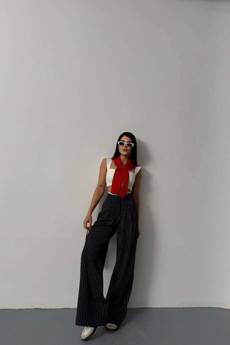 ONE COLOR STRIPE DESIGN WIDE LEG WOMEN TROUSERS DARK BLUE/BEE - 4
