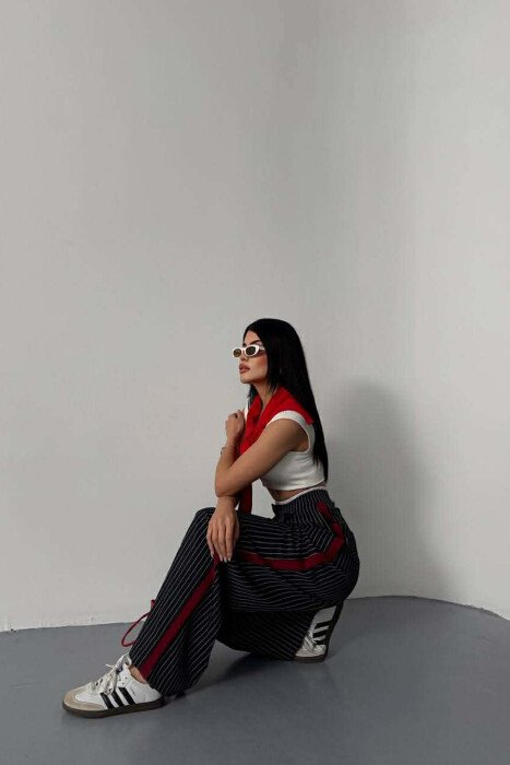 ONE COLOR STRIPE DESIGN WIDE LEG WOMEN TROUSERS DARK BLUE/BEE - 7