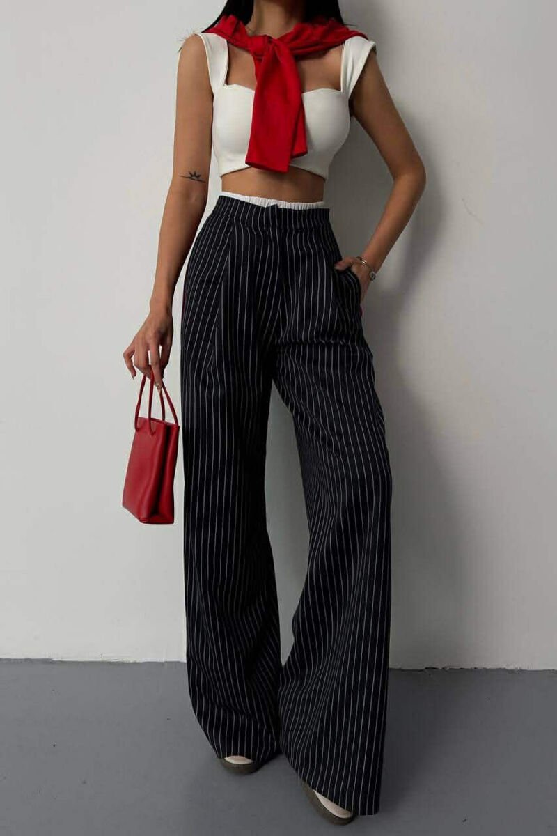 ONE COLOR STRIPE DESIGN WIDE LEG WOMEN TROUSERS DARK BLUE/BEE - 1