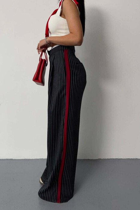 ONE COLOR STRIPE DESIGN WIDE LEG WOMEN TROUSERS DARK BLUE/BEE - 3