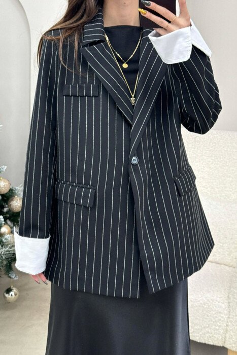 ONE COLOR STRIPE DESIGN WOMEN JACKET BLACK/ E ZEZE - 3