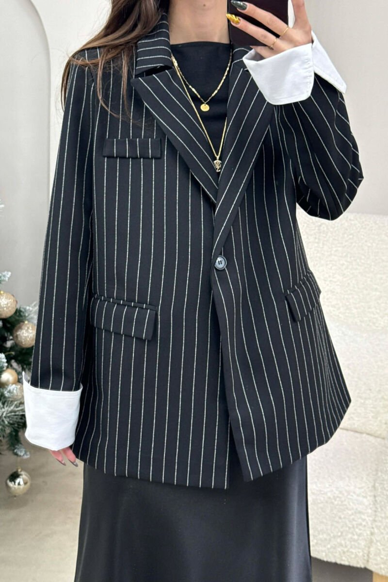 ONE COLOR STRIPE DESIGN WOMEN JACKET BLACK/ E ZEZE - 3