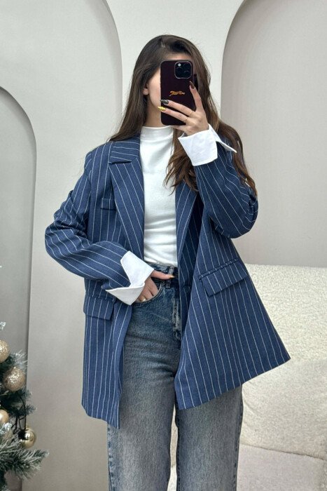 ONE COLOR STRIPE DESIGN WOMEN JACKET BLUE/BLU - 1