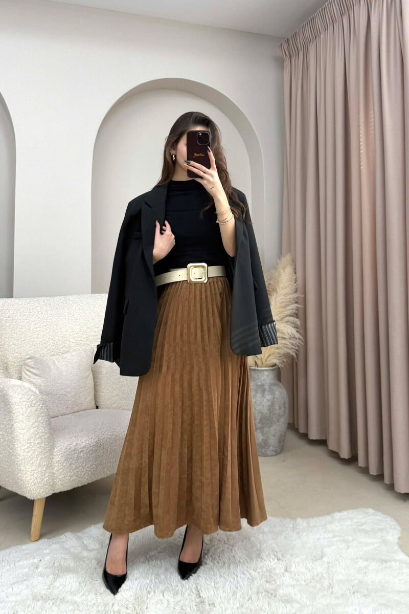 ONE COLOR SUEDE BELT DETAIL WOMEN SKIRT BROWN/KAFE - 7