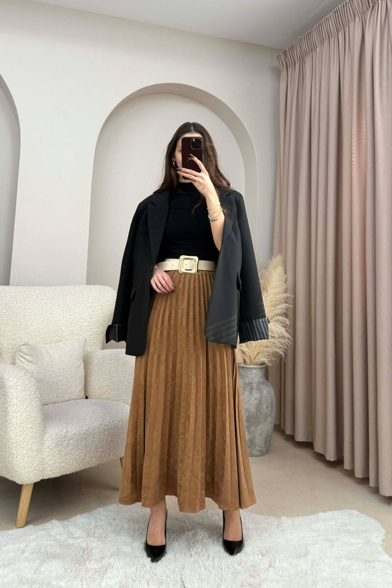 ONE COLOR SUEDE BELT DETAIL WOMEN SKIRT BROWN/KAFE - 8