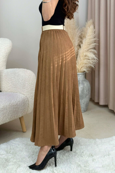 ONE COLOR SUEDE BELT DETAIL WOMEN SKIRT BROWN/KAFE - 10