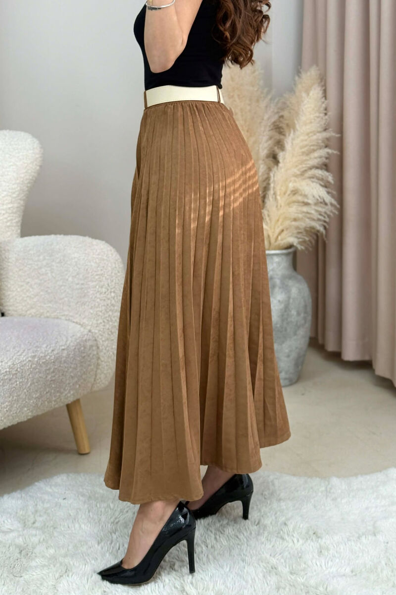 ONE COLOR SUEDE BELT DETAIL WOMEN SKIRT BROWN/KAFE - 10
