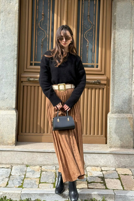 ONE COLOR SUEDE BELT DETAIL WOMEN SKIRT BROWN/KAFE - 2