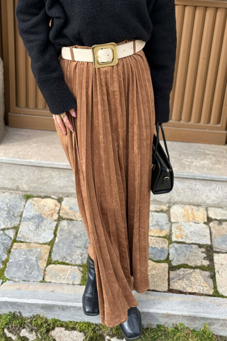 ONE COLOR SUEDE BELT DETAIL WOMEN SKIRT BROWN/KAFE - 3