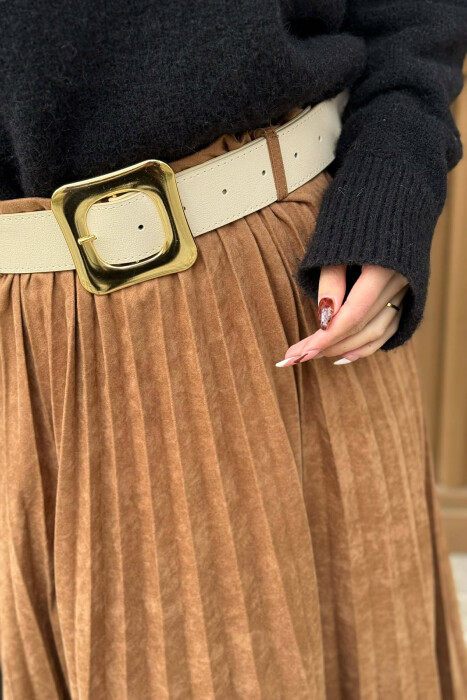 ONE COLOR SUEDE BELT DETAIL WOMEN SKIRT BROWN/KAFE - 4