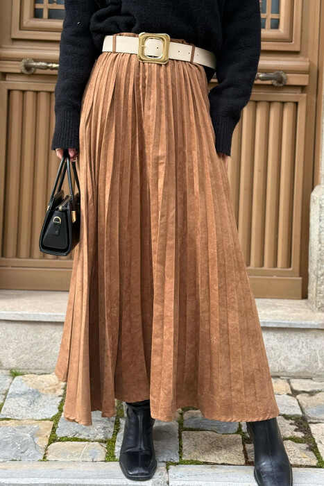 ONE COLOR SUEDE BELT DETAIL WOMEN SKIRT BROWN/KAFE - 5