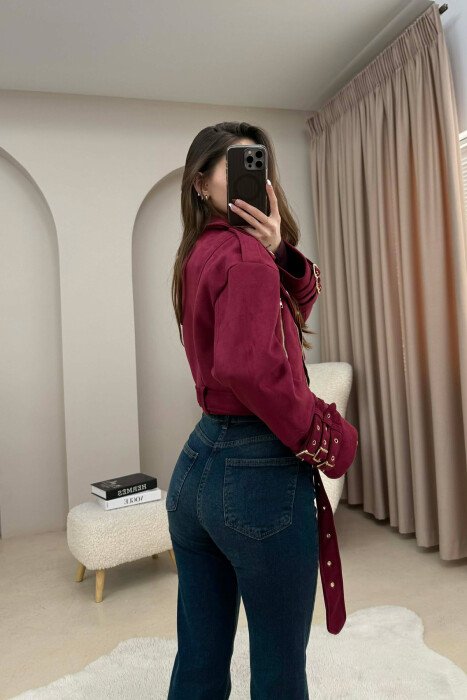 ONE COLOR SUEDE CROPPED WOMEN JACKET BURGUNDY/VISHNJE - 5