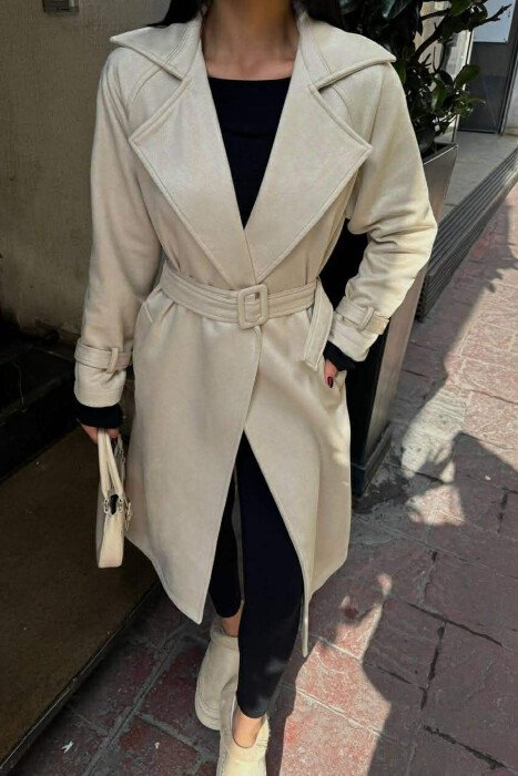 ONE COLOR SUEDE LACING DETAIL WOMEN COAT CREAM/KREM - KLAUDIO FASHION