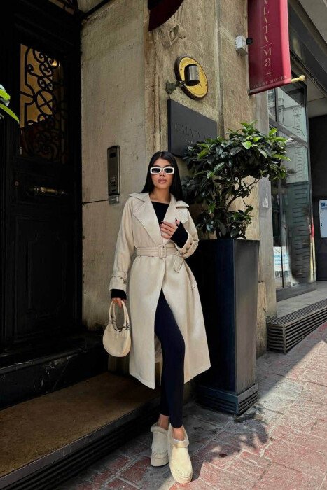 ONE COLOR SUEDE LACING DETAIL WOMEN COAT CREAM/KREM - 2