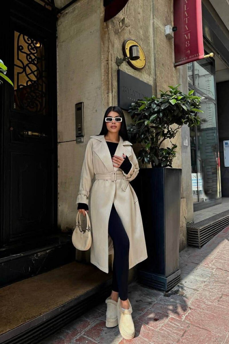 ONE COLOR SUEDE LACING DETAIL WOMEN COAT CREAM/KREM - 2