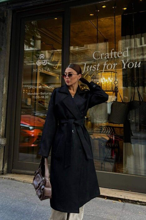 ONE COLOR SUEDE LONG WOMEN COAT BLACK/ E ZEZE - 3