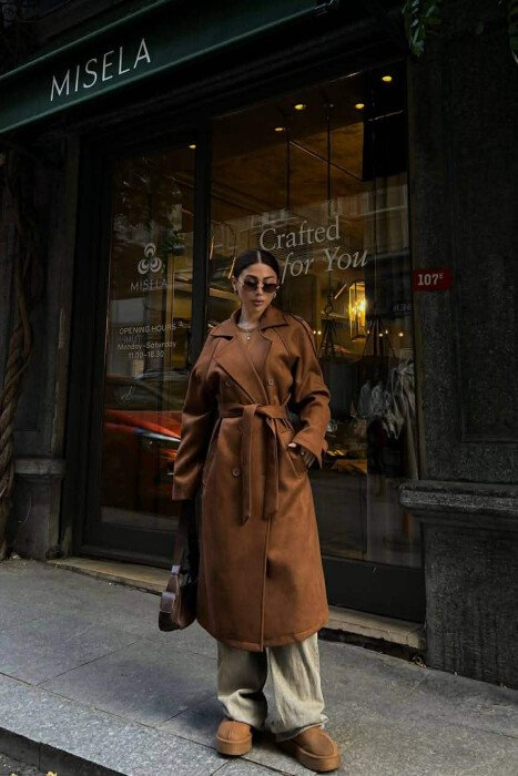 ONE COLOR SUEDE LONG WOMEN COAT BROWN/KAFE - 1