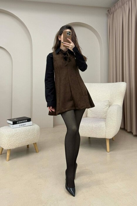 ONE COLOR SUEDE SHORT SLEEVELESS WOMEN DRESS DARK BROWN/KAE - 1
