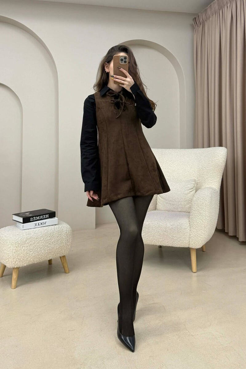 ONE COLOR SUEDE SHORT SLEEVELESS WOMEN DRESS DARK BROWN/KAE - 1