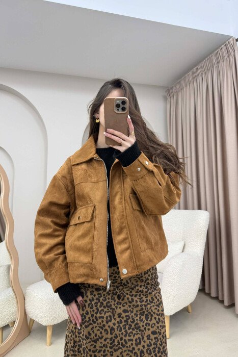 ONE COLOR SUEDE SIMPLE WOMEN JACKET BROWN/KAFE - 1