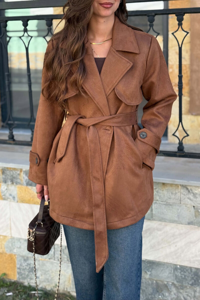 ONE COLOR SUEDE WOMAN TRENCH COAT DARK BROWN/KAE - 2