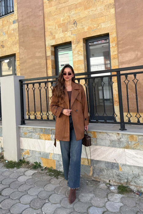 ONE COLOR SUEDE WOMAN TRENCH COAT DARK BROWN/KAE - 4
