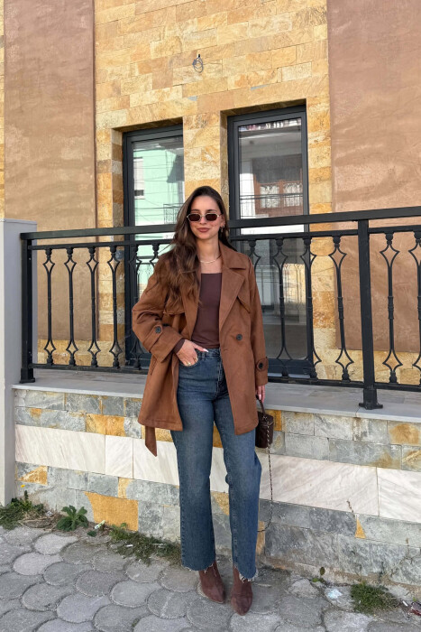 ONE COLOR SUEDE WOMAN TRENCH COAT DARK BROWN/KAE - 5