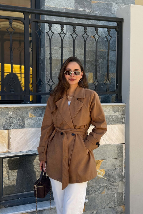ONE COLOR SUEDE WOMAN TRENCH COAT LIGHT BROWN/KAZB 