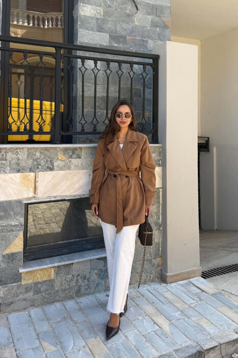 ONE COLOR SUEDE WOMAN TRENCH COAT LIGHT BROWN/KAZB - 3